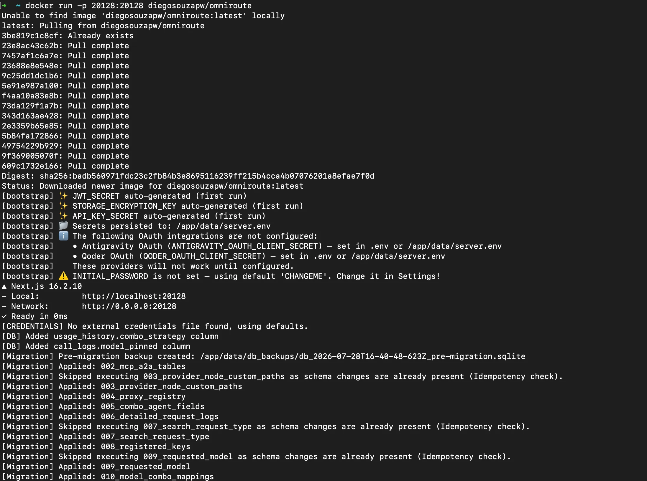 Terminal output from a fresh OmniRoute docker run, showing JWT_SECRET, STORAGE_ENCRYPTION_KEY, and API_KEY_SECRET auto-generated on first run alongside the CHANGEME password warning