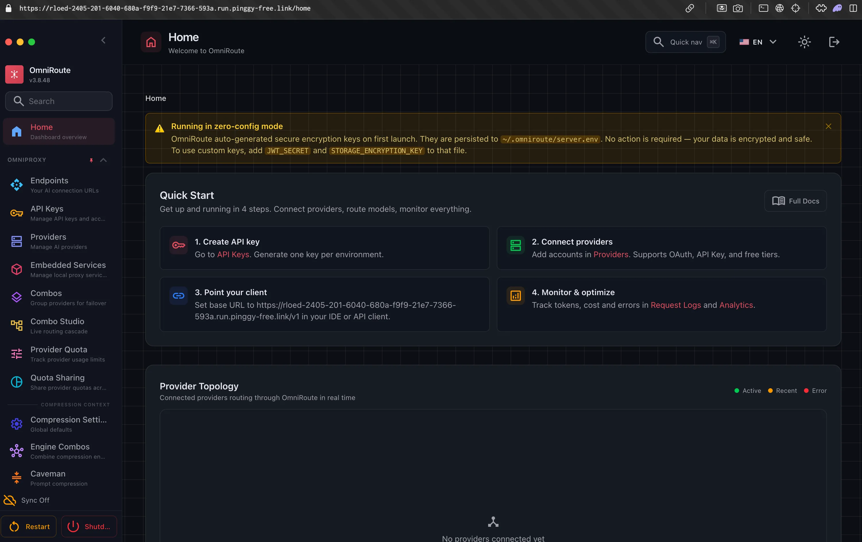 OmniRoute's dashboard loaded through a public Pinggy tunnel URL, with the Quick Start card showing that URL as the base URL for API clients