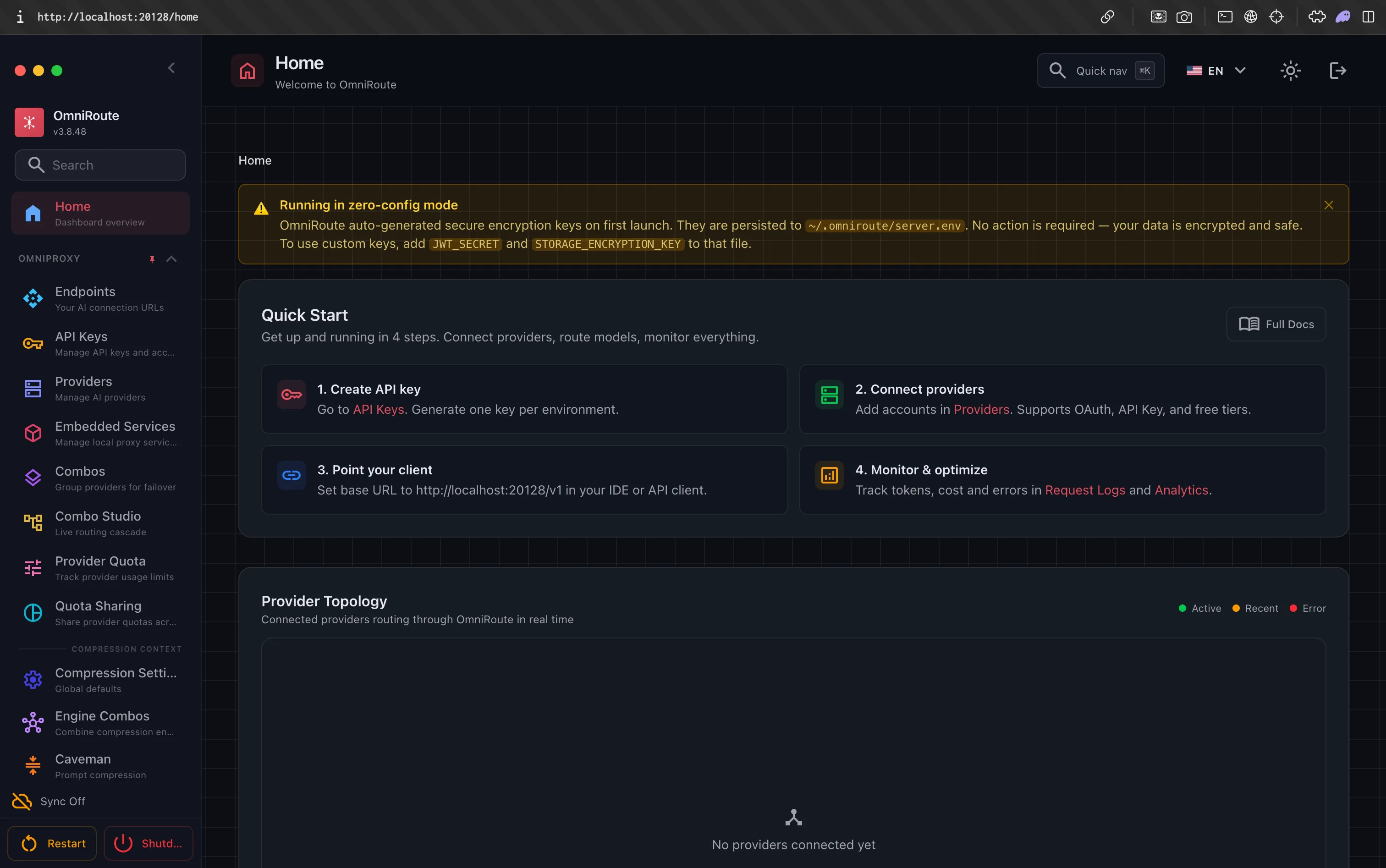 OmniRoute's dashboard home page showing the zero-config mode banner, the four-step Quick Start card, and the provider topology panel