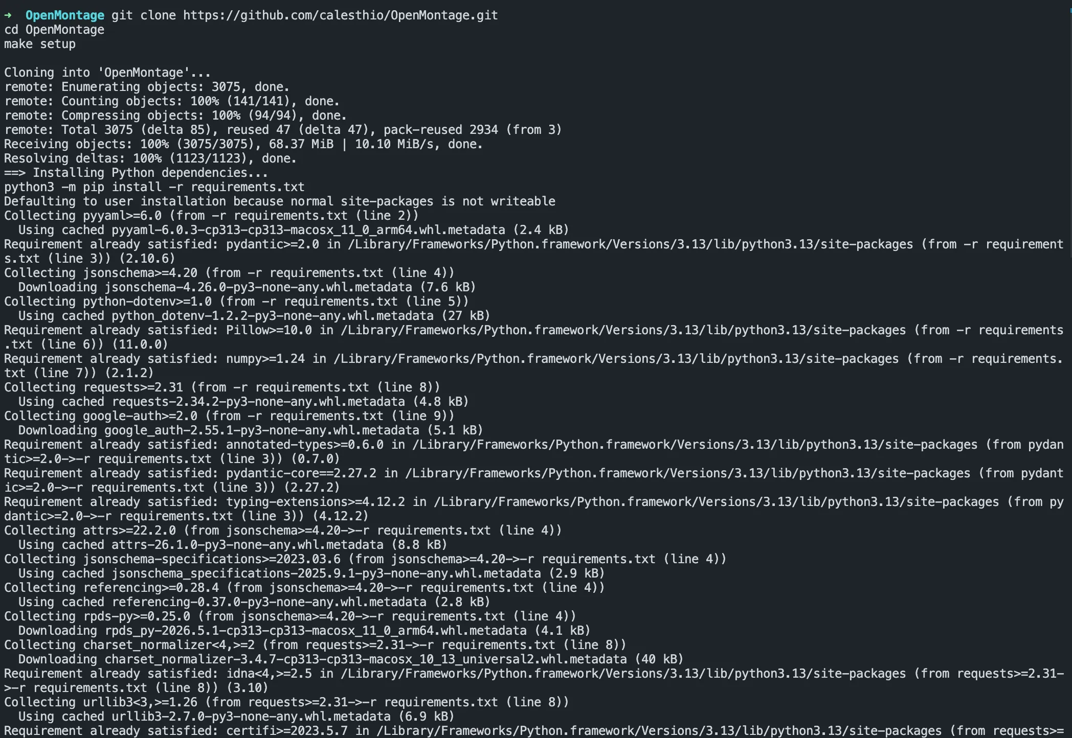 Cloning the OpenMontage repository and running make setup