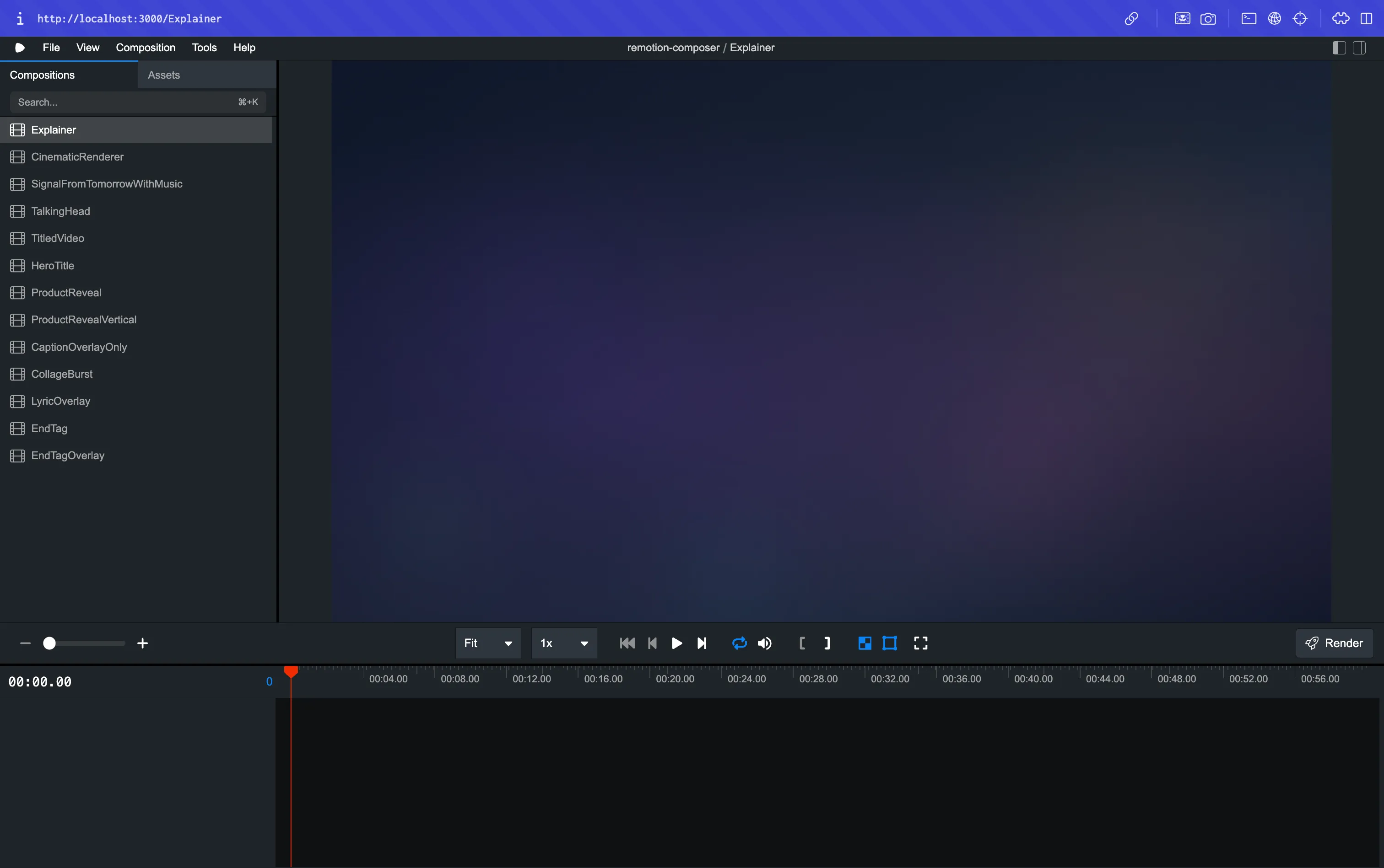 Remotion preview UI at localhost:3000