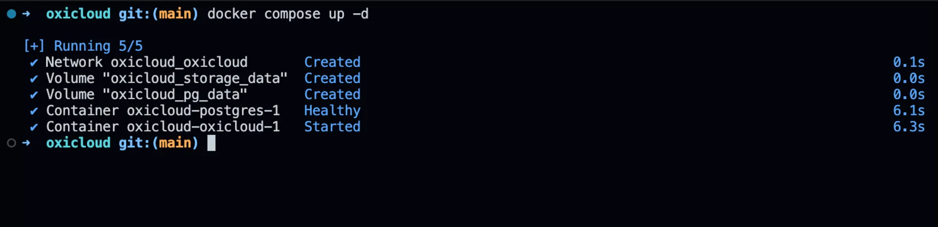 Running docker compose up -d to start OxiCloud