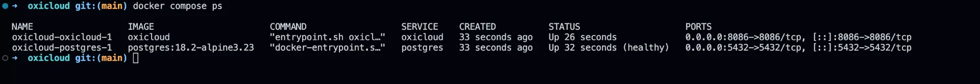 Verifying OxiCloud containers are running
