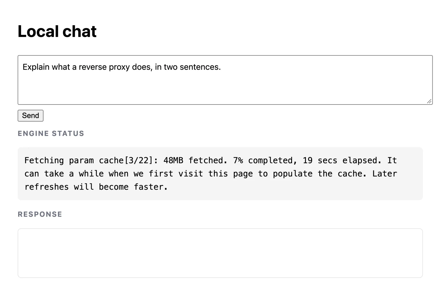 The demo page on first load: the engine status box reads Fetching param cache 3 of 22, 48MB fetched, 7% completed, and the response box is still empty