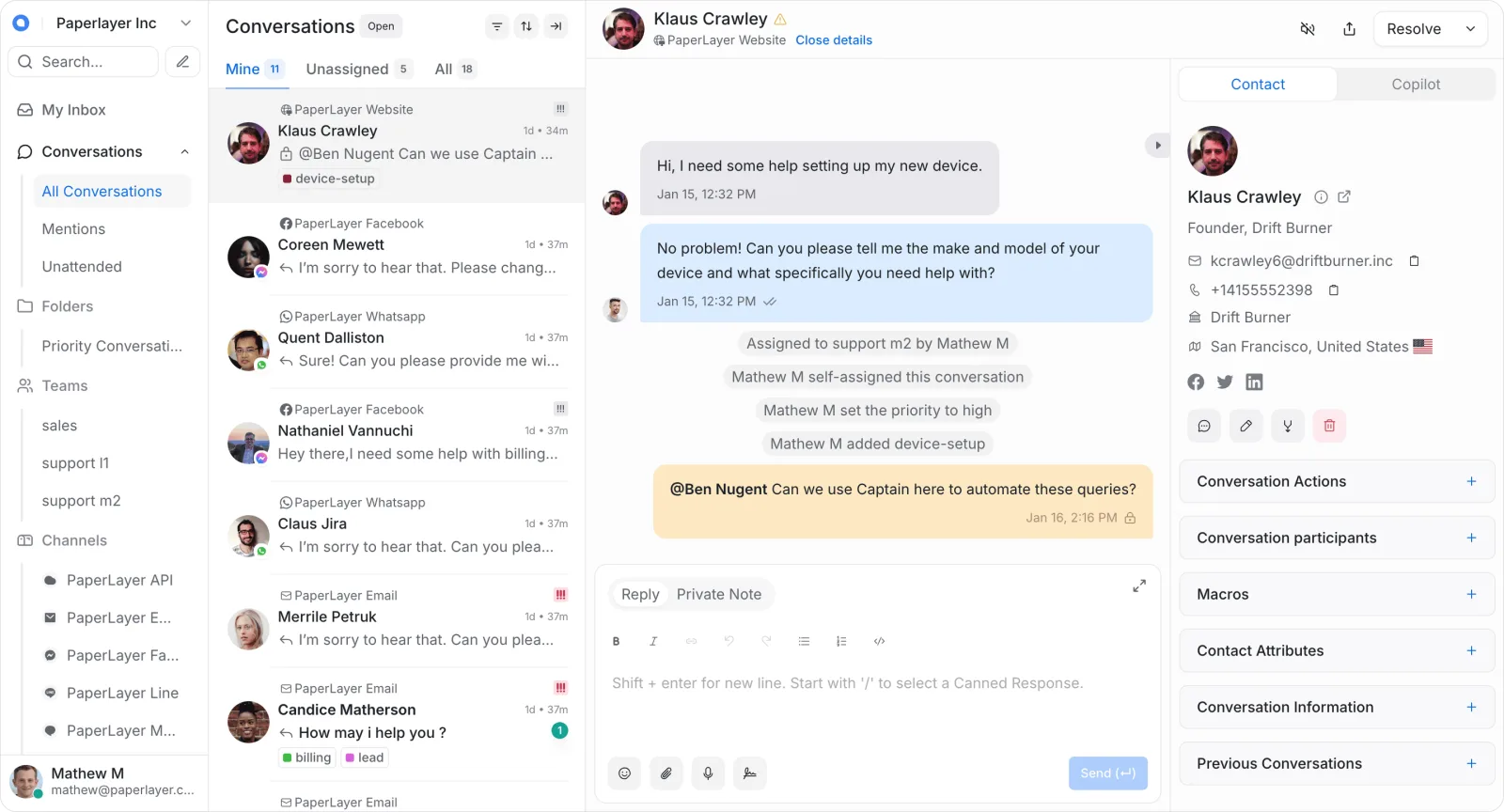 Chatwoot agent dashboard showing the omnichannel conversation inbox