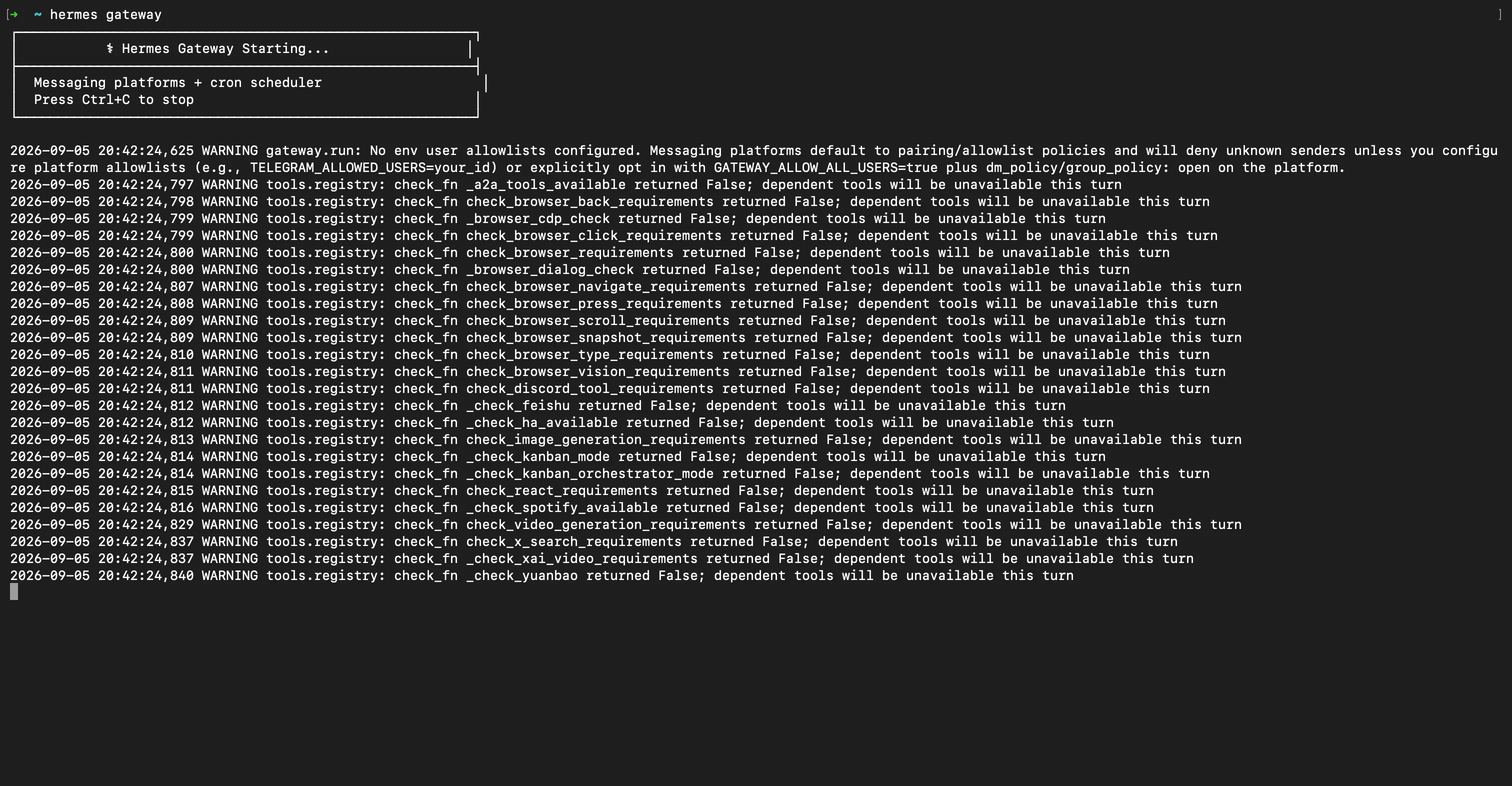 hermes gateway starting up and printing capability-probe warnings for tools whose prerequisites are missing