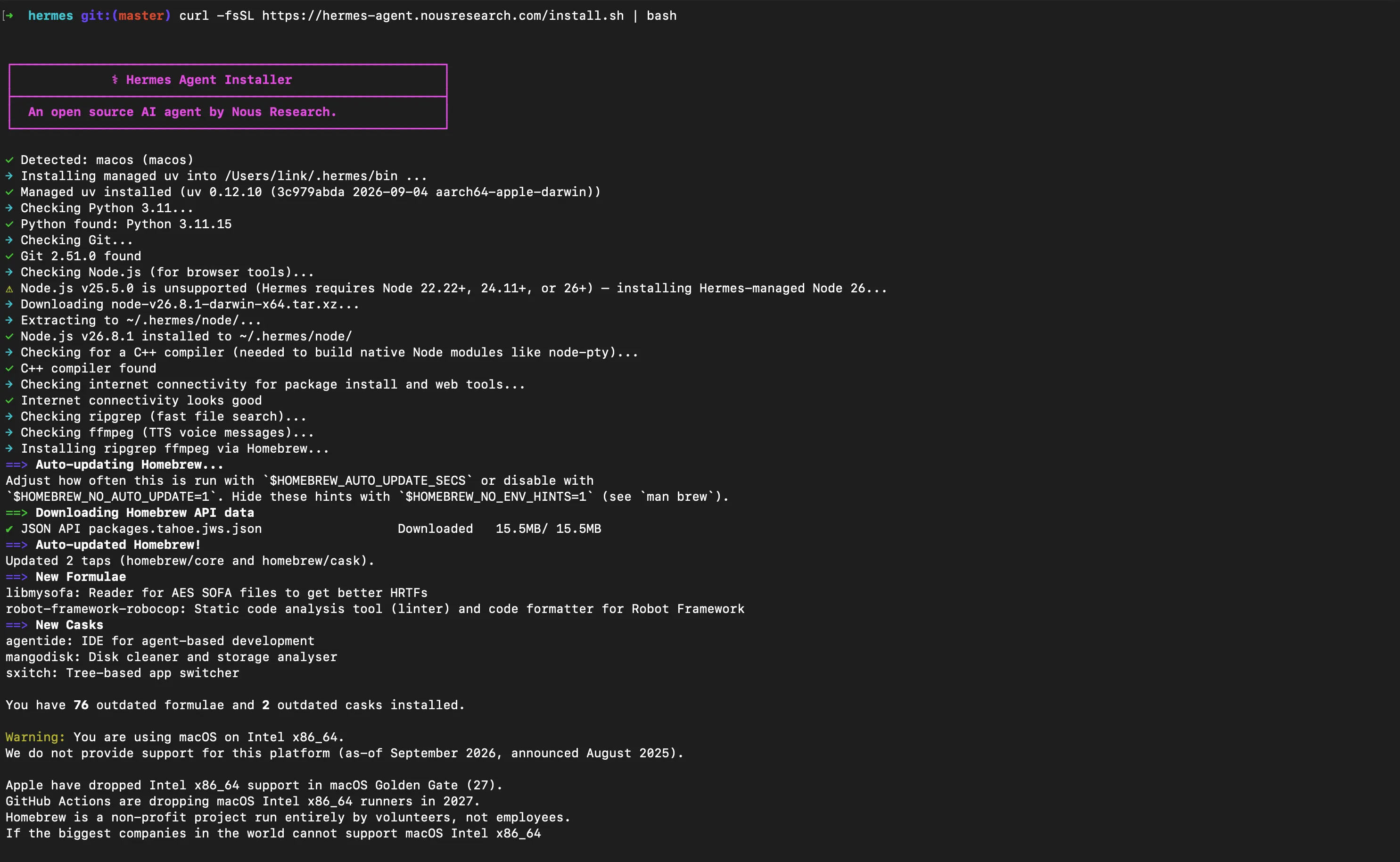 The Hermes Agent installer detecting macOS and provisioning uv, Python 3.11, Node.js, ripgrep and ffmpeg