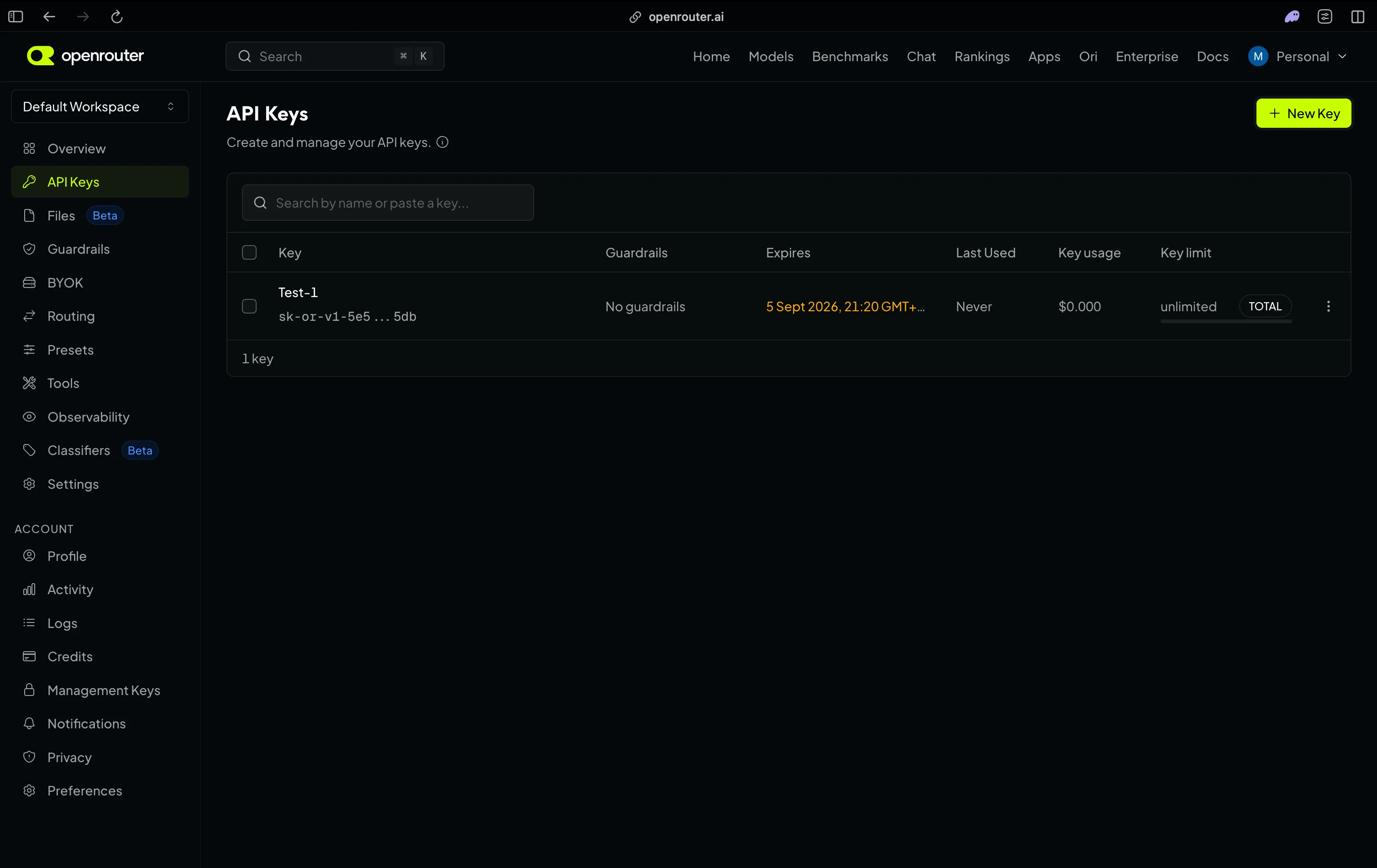 The OpenRouter API Keys page with a newly created key, showing usage and limit columns