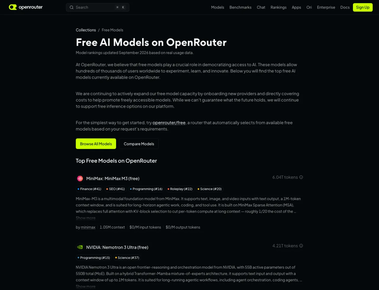 OpenRouter's free models collection page listing MiniMax M3 and Nemotron 3 Ultra at $0 per million input and output tokens