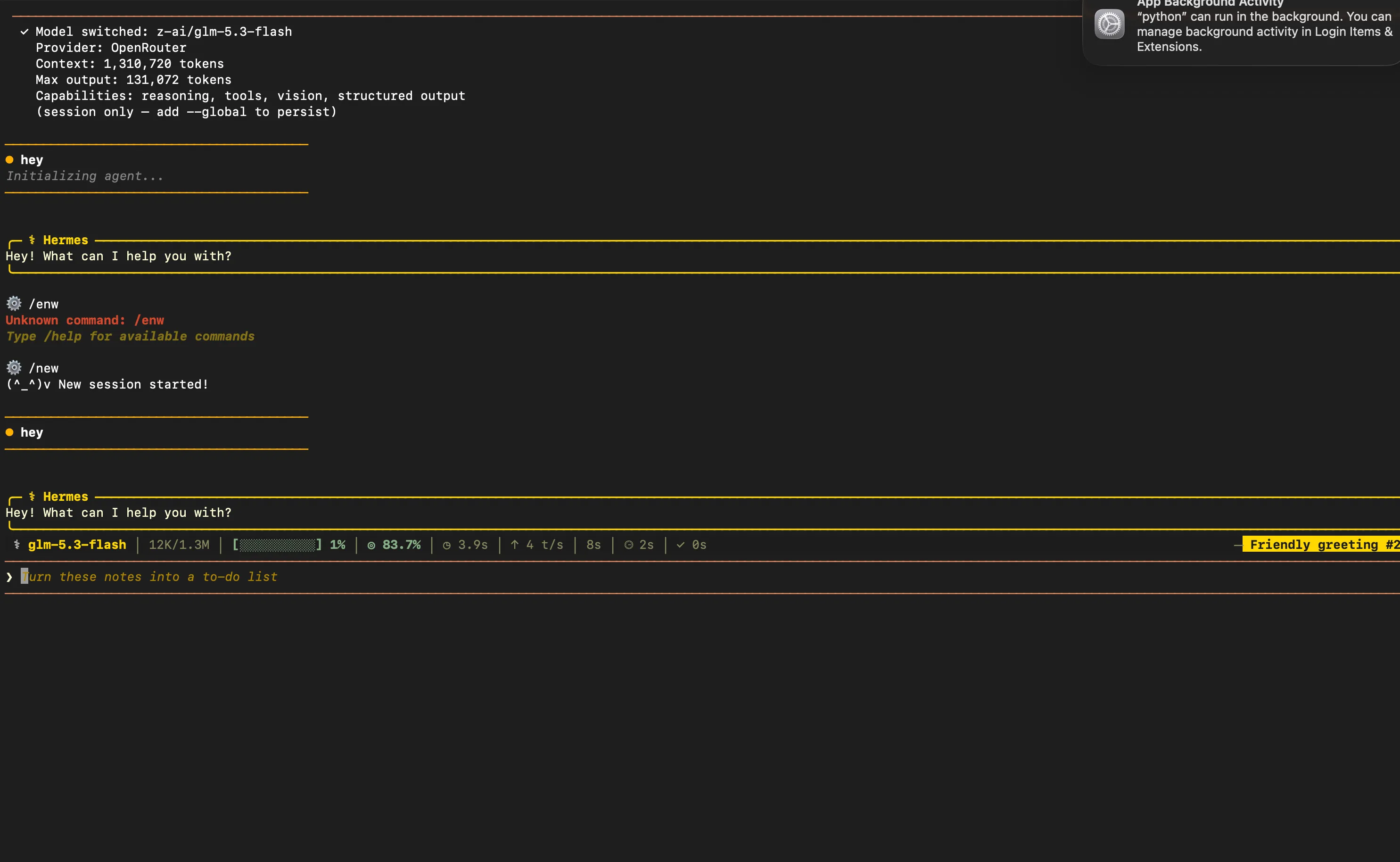 The Hermes CLI after a model switch, showing provider, context window, capabilities and a live session
