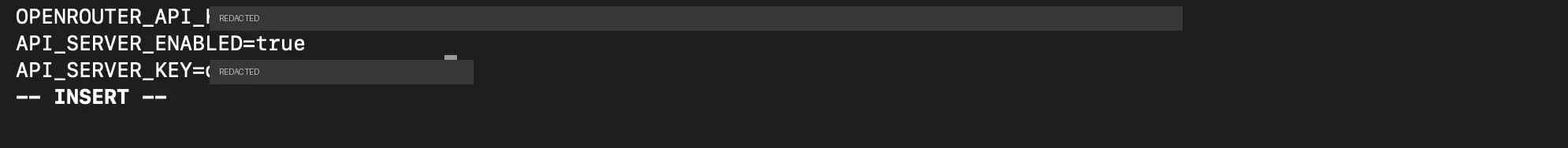The ~/.hermes/.env file with OPENROUTER_API_KEY, API_SERVER_ENABLED and API_SERVER_KEY set, secrets redacted