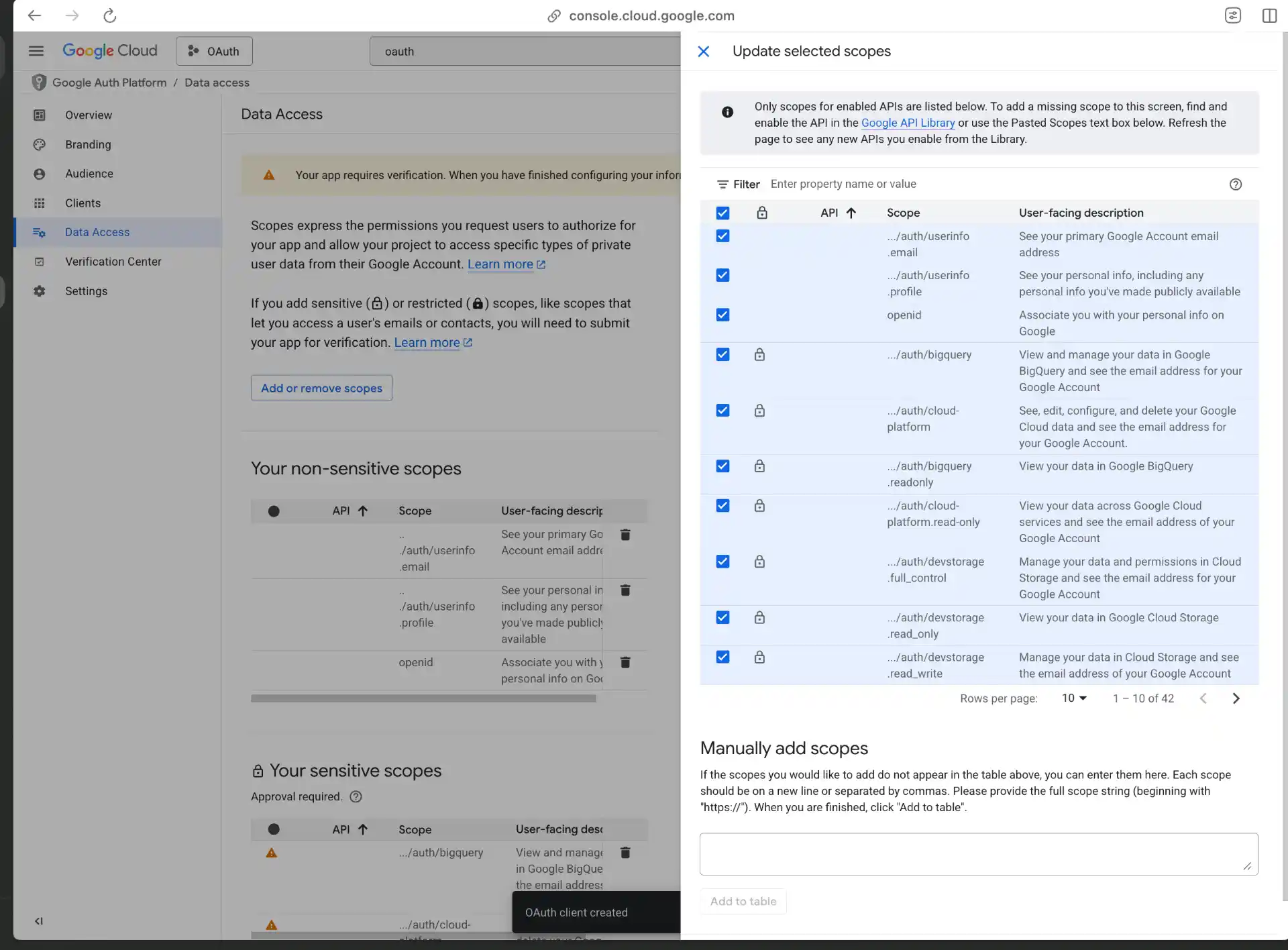 Adding required scopes for data access