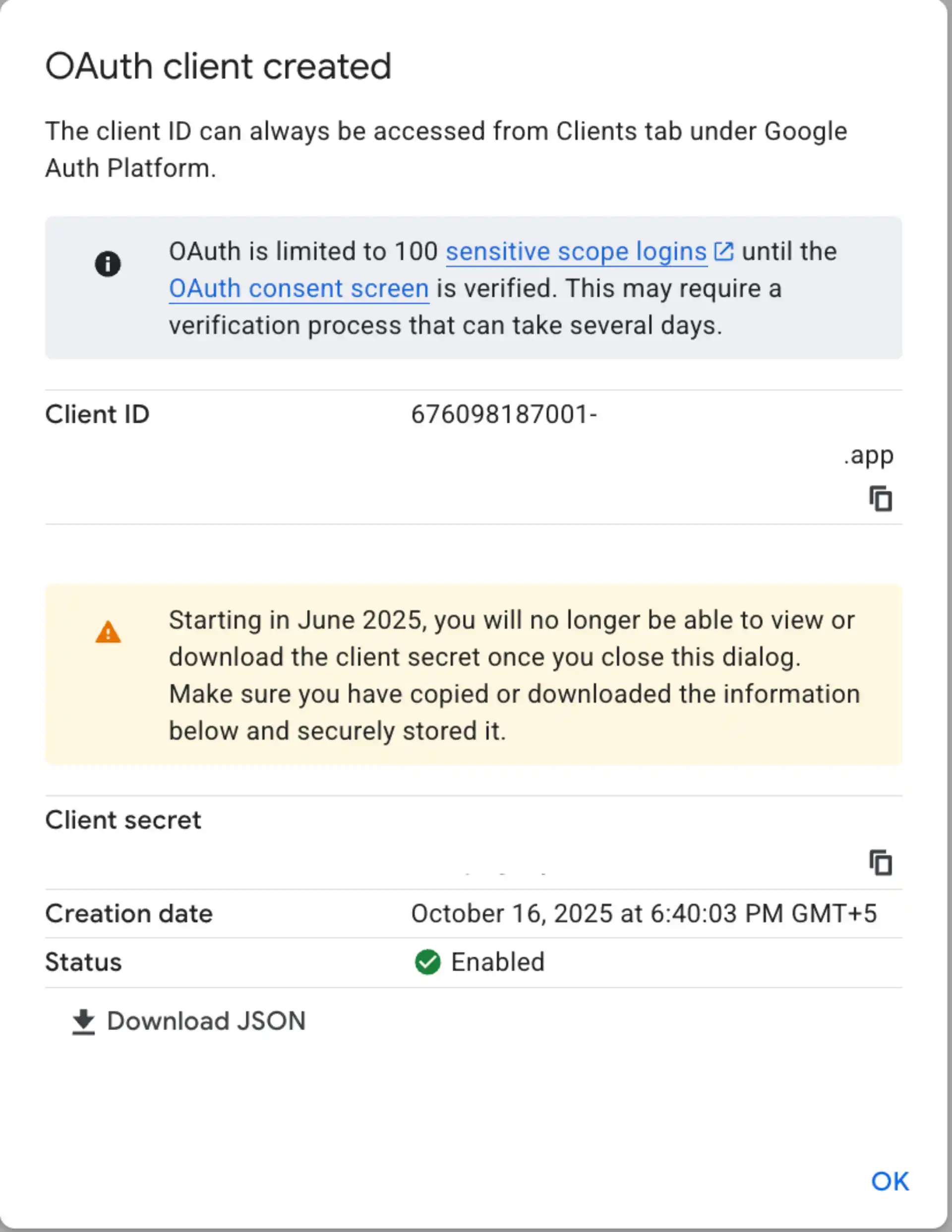OAuth client credentials generated