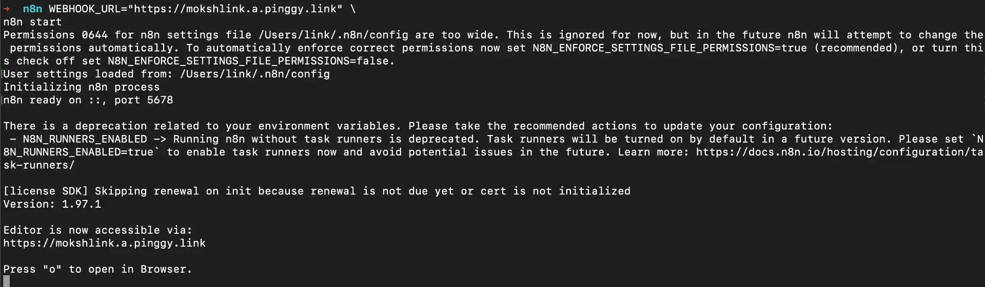 Starting n8n with WEBHOOK_URL environment variable