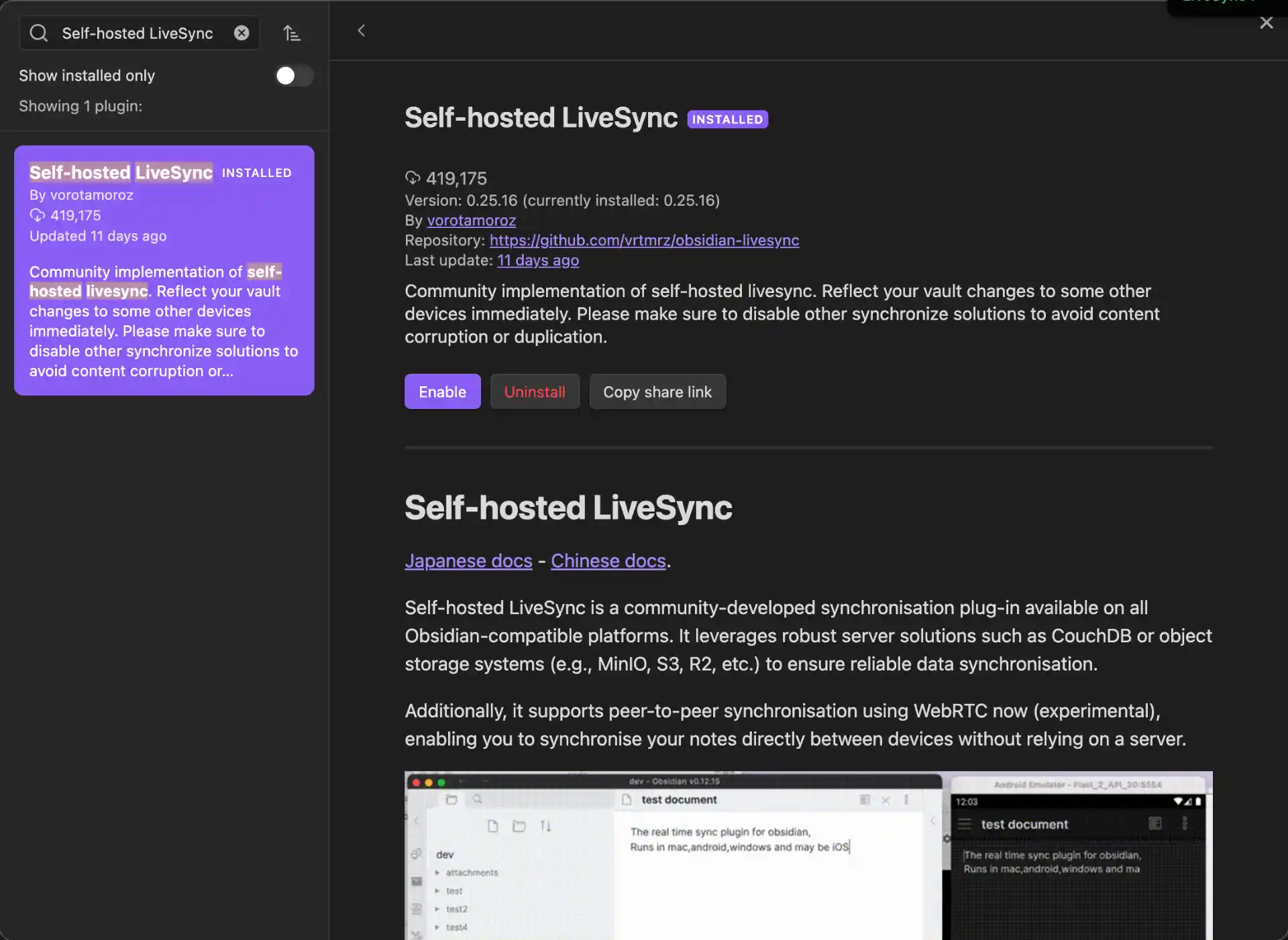 Enable Self-hosted LiveSync plugin