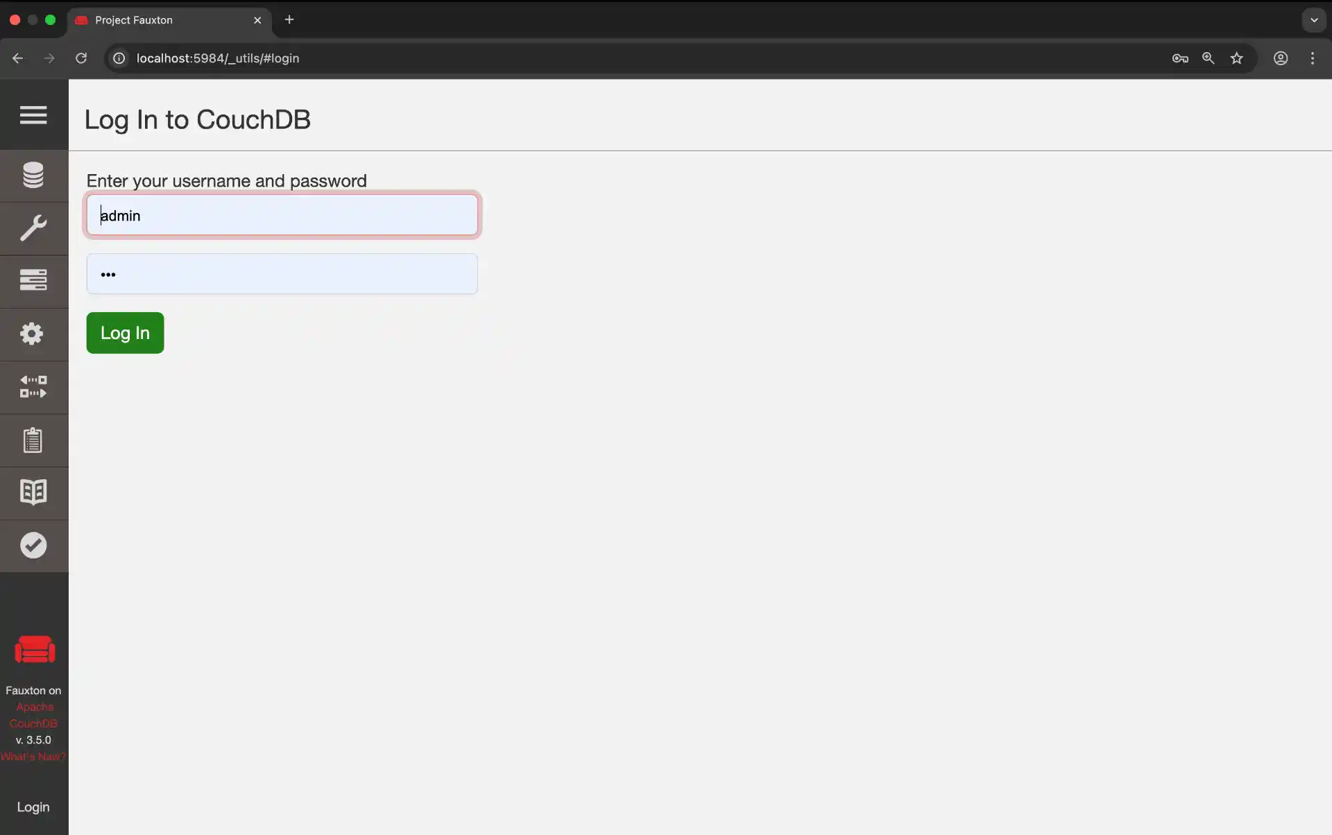 Log in to CouchDB Fauxton