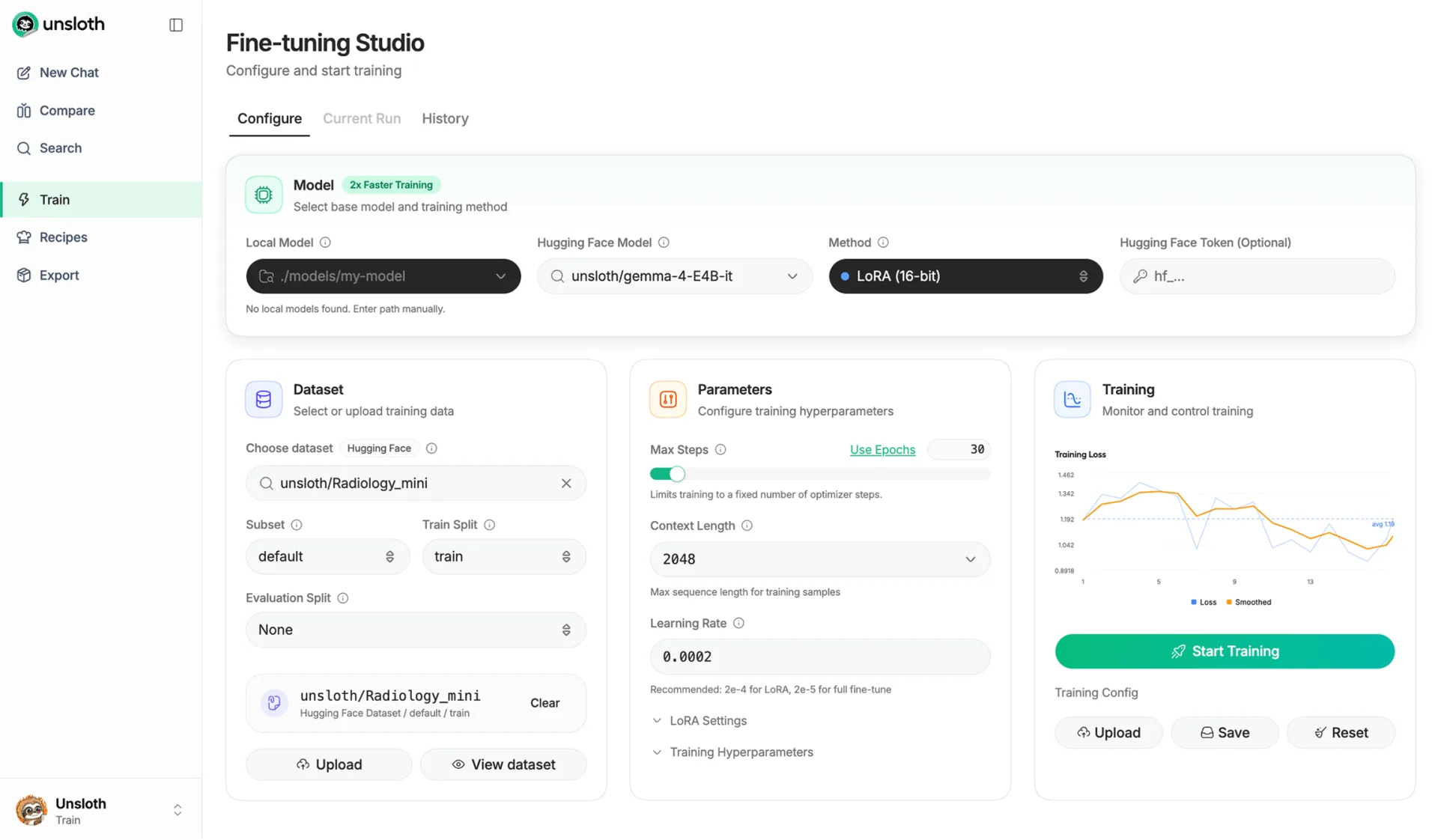 Interfaz de entrenamiento de Unsloth Studio