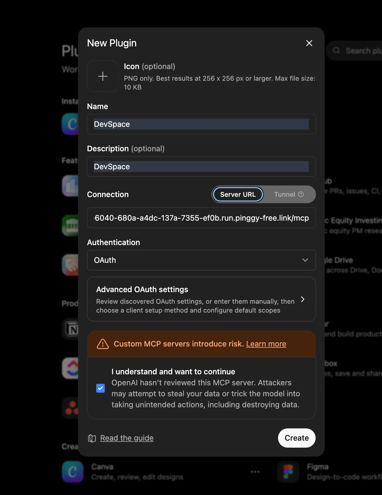ChatGPT prompting to sign in to the newly added DevSpace Plugin