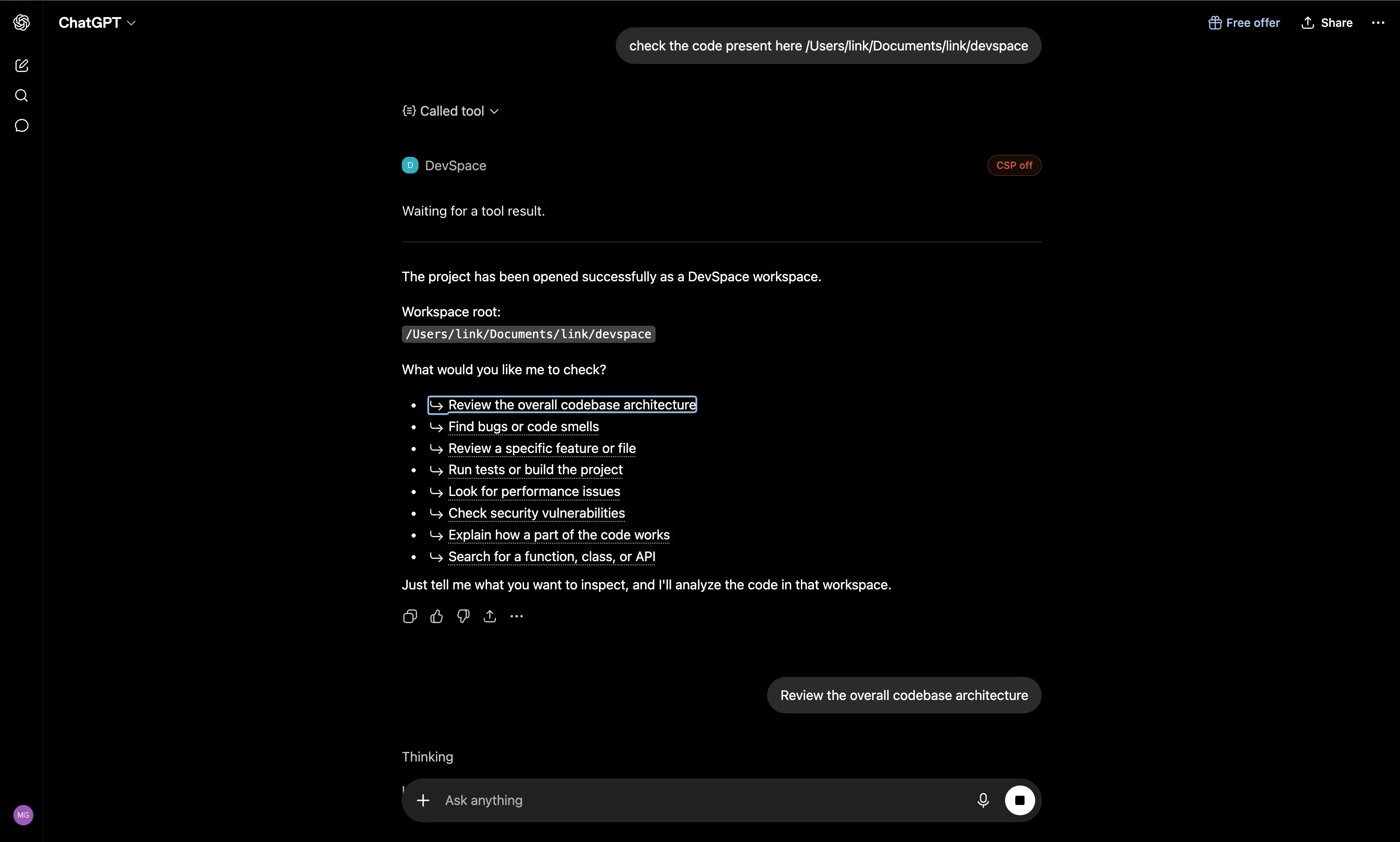 ChatGPT using the DevSpace tool to open a workspace and inspect the code