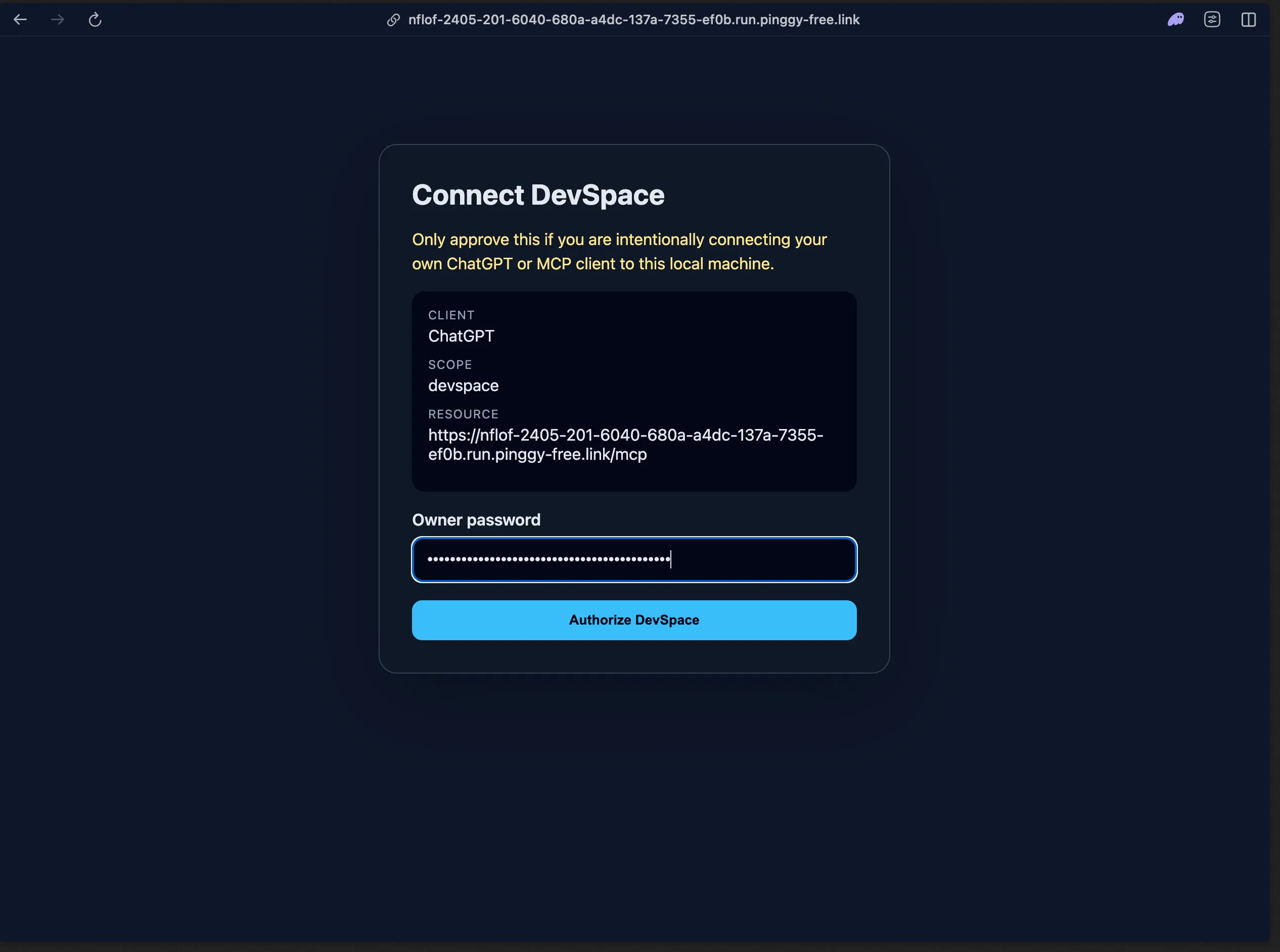 Authorizing DevSpace with the Owner password on the OAuth approval page
