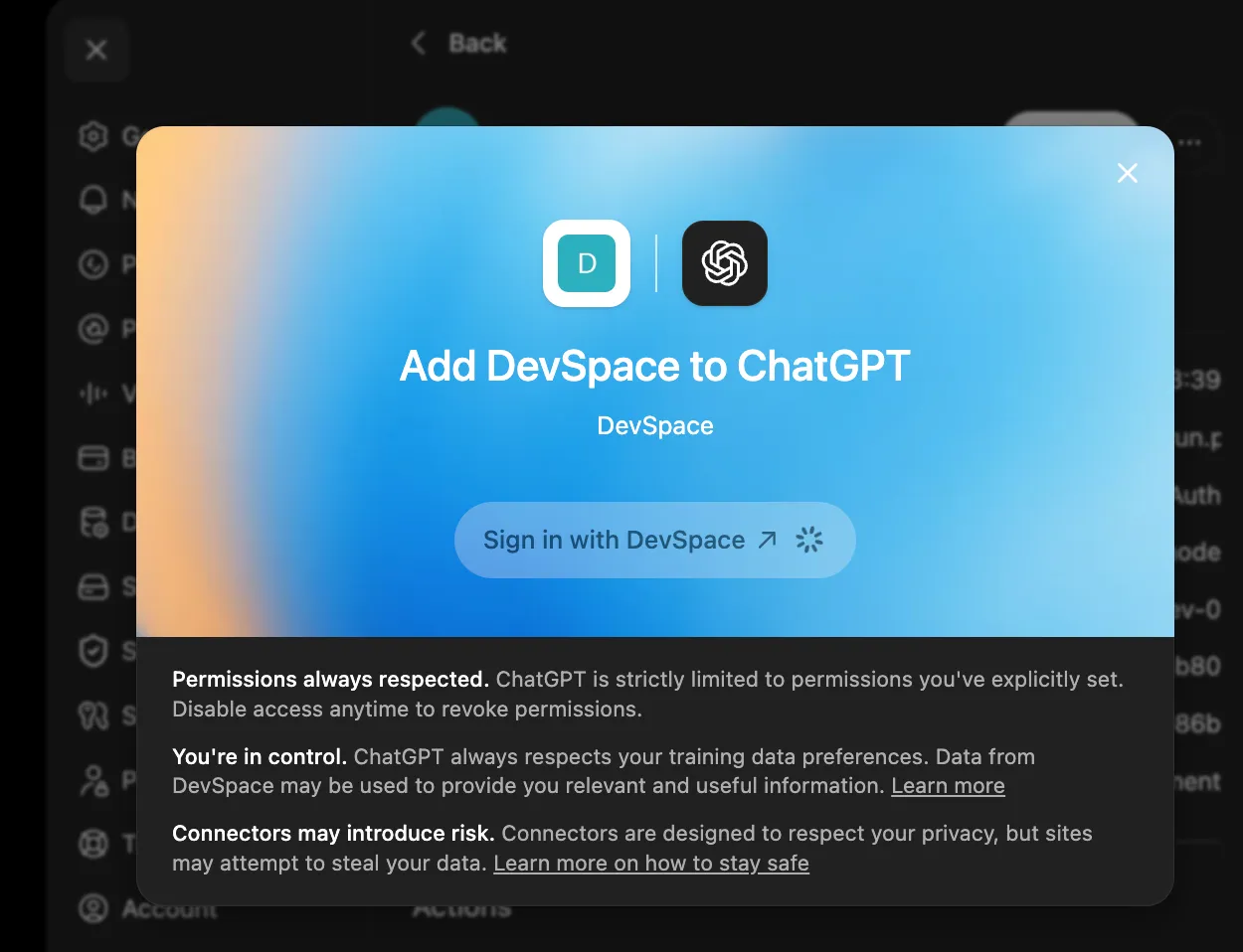 Creating a new Plugin in ChatGPT with the DevSpace MCP server URL