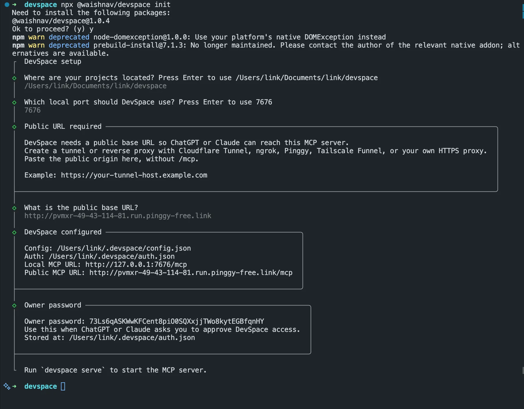 Running devspace init and answering the setup prompts