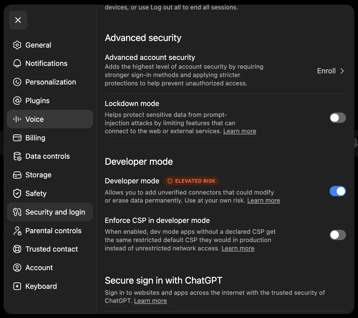 Enabling Developer mode under ChatGPT Settings, Security and login