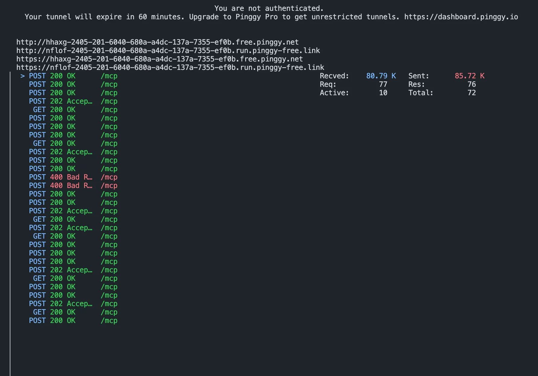 Pinggy's web debugger showing live MCP requests from ChatGPT to DevSpace