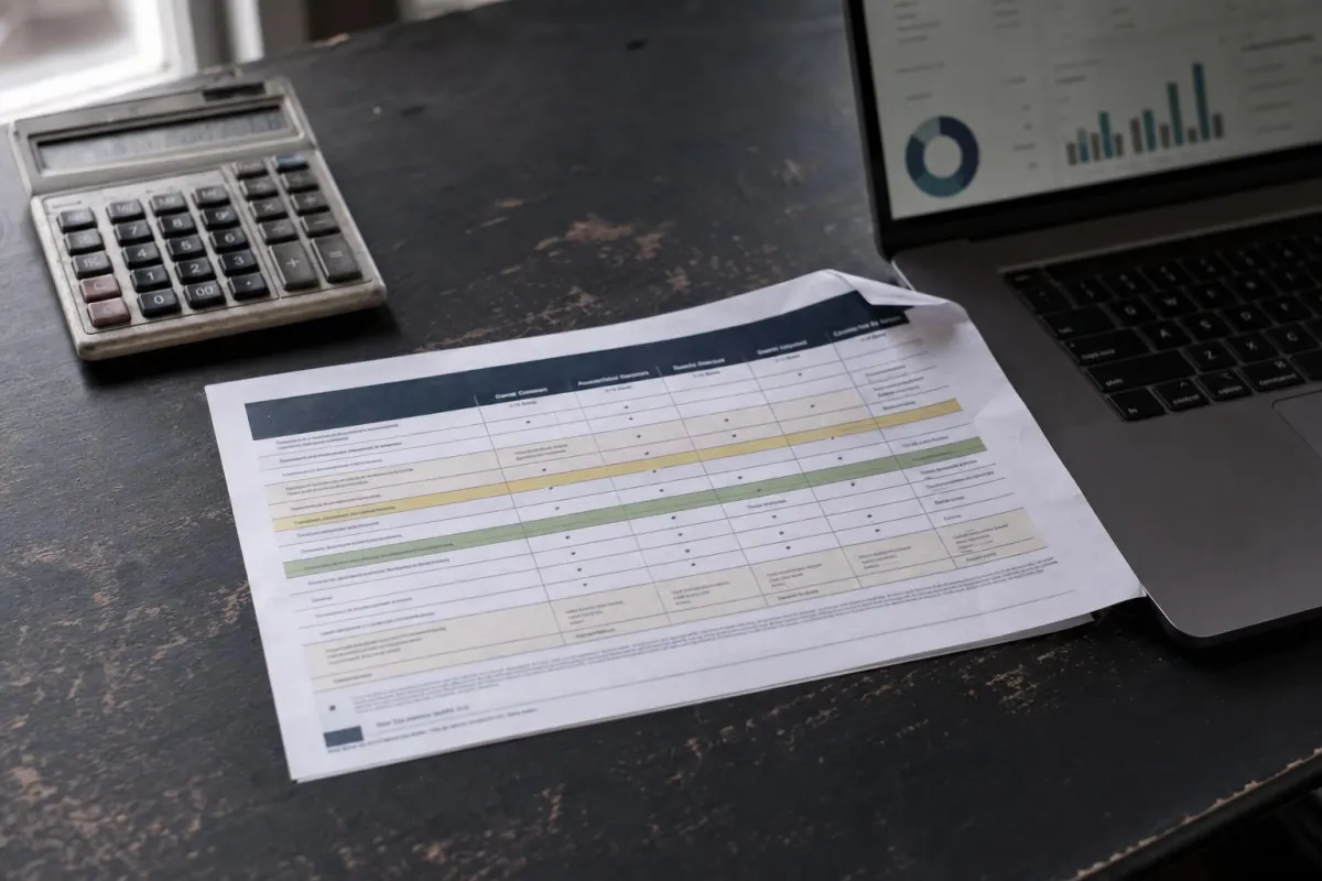Printed comparison of bookkeeping service tiers next to a calculator and a dashboard