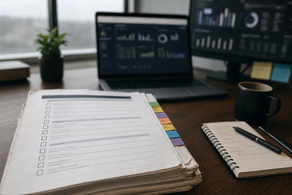 Month-end close checklist on paper in front of a reporting dashboard