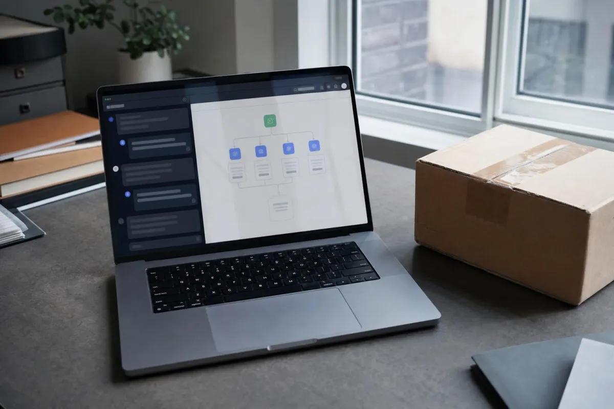 No-code automation blocks on a laptop screen beside a shipping box