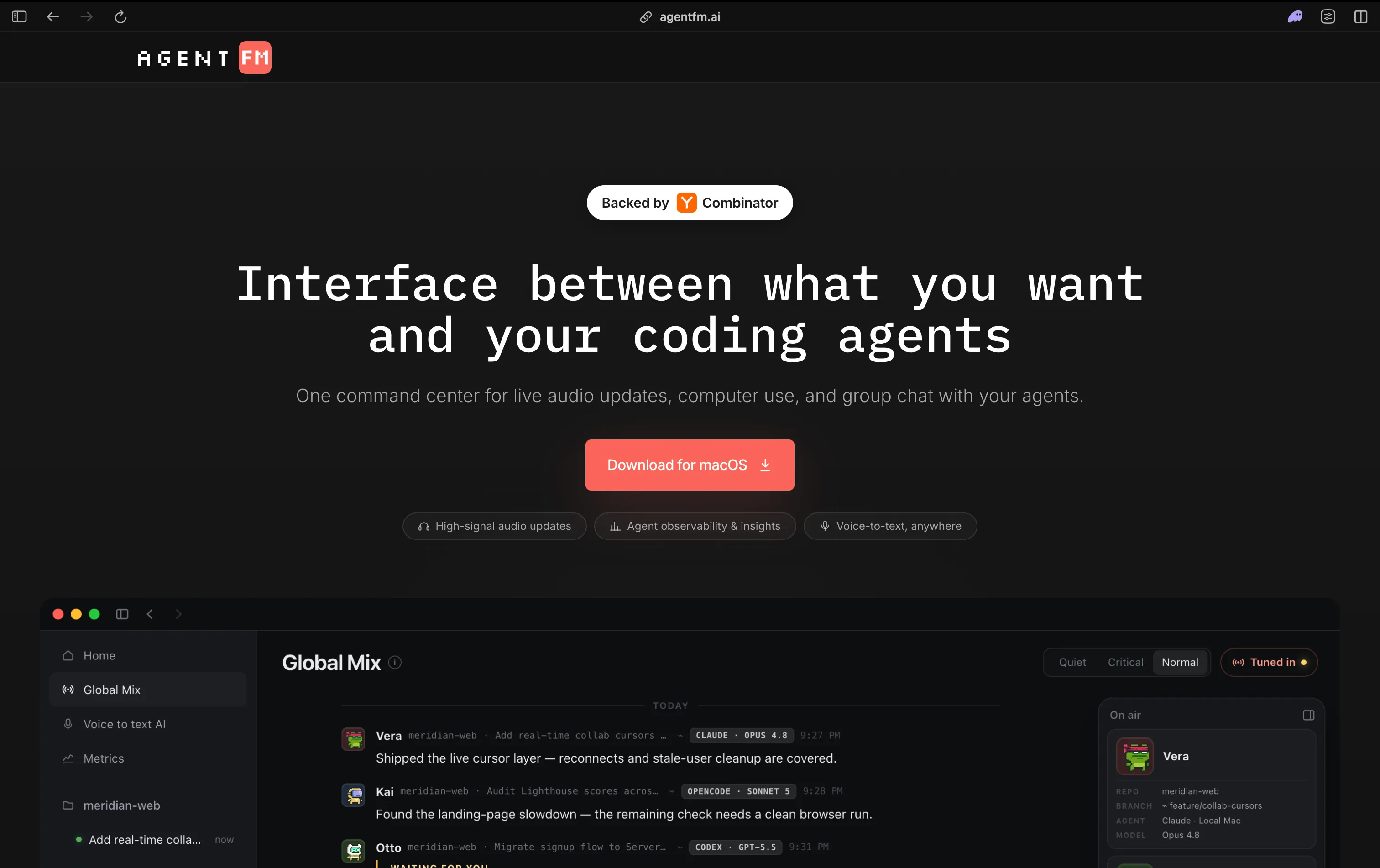Agent FM homepage: an interface between what you want and your coding agents