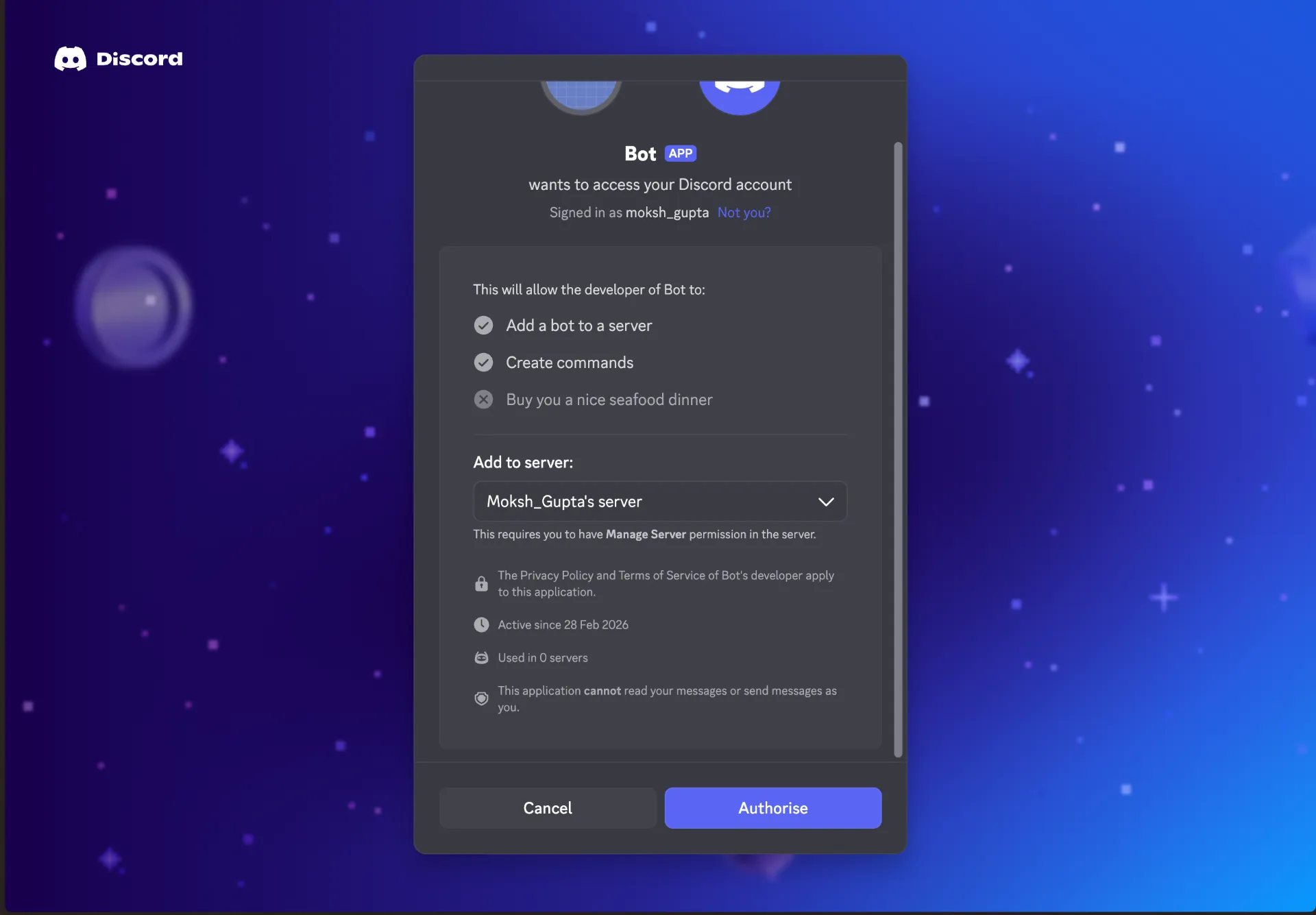 Authorise the ZeroClaw bot to your Discord server