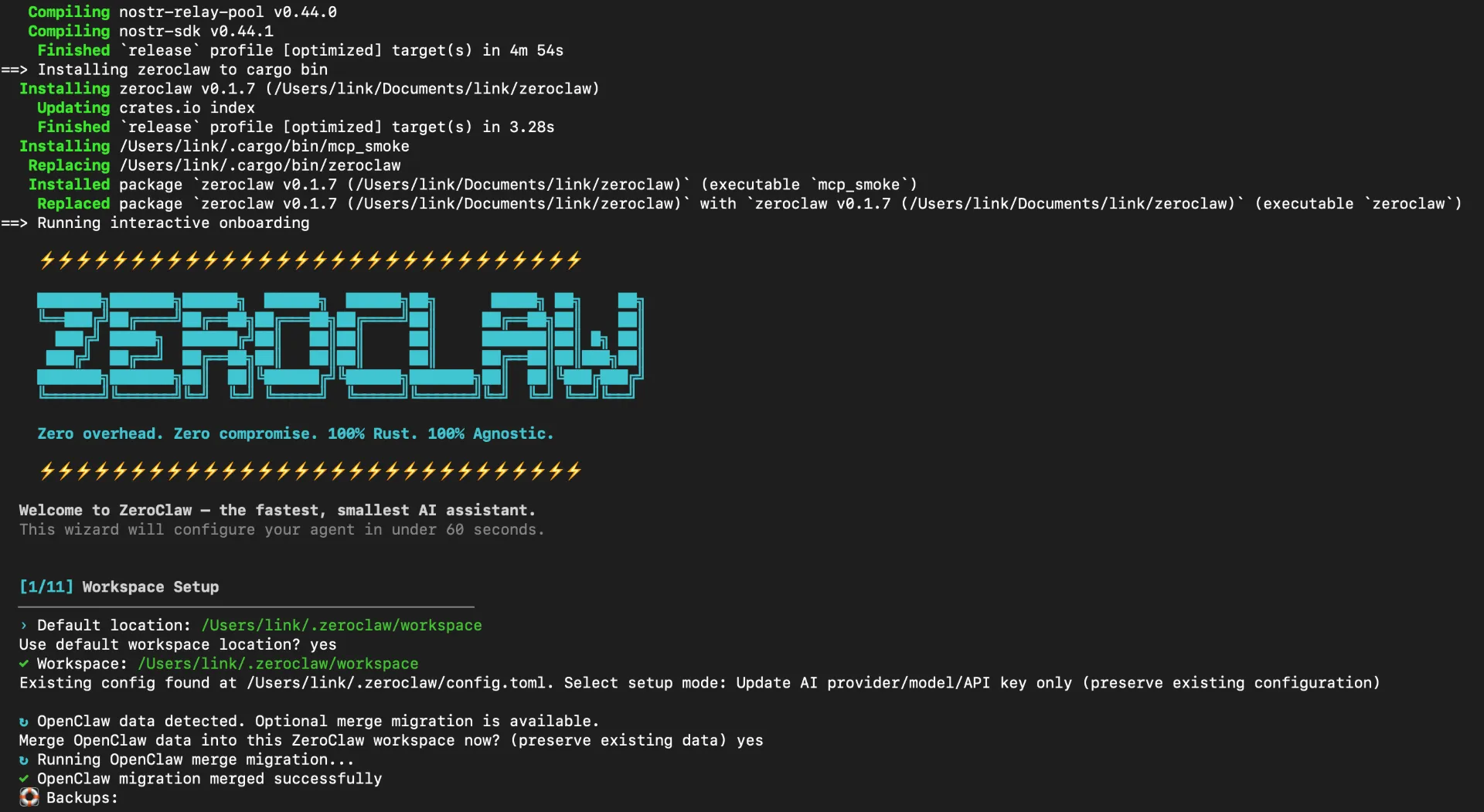 ZeroClaw onboarding complete configuration summary