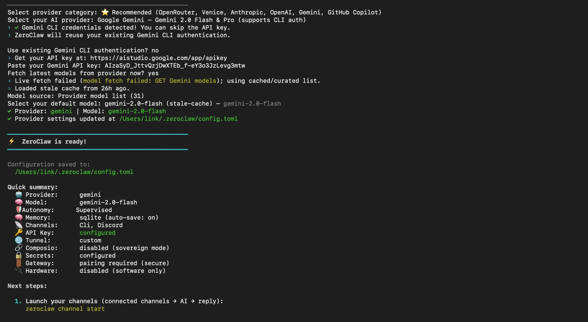 ZeroClaw channel server running with Discord connected